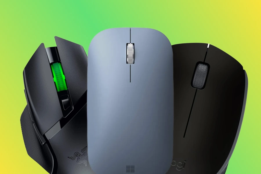 Imagem mouse sem fio da Logitech, Microsoft e Razer.