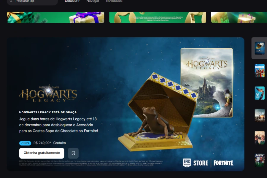 Hogwarts Legacy pode ser resgatado até dia 18 de Dezembro na Epic Games Store.